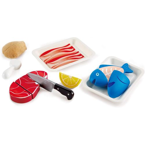 Viandes&Poissons À Découper-Jeu D'Imitation Cuisine En Bois-Enfants De 3 Ans Et Plus-Accessoires Dinette Réalistes-Couteau,Viande,Poisson,Citron-Compétences Sociales Et Language