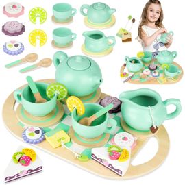 ERYI-Services À Thé En Bois, 19Pcs Tea Party Jeux De Rôle, Service À Thé Jouets Dinette En Bois Enfant, Jouet Éducatif Éveil Montessori, Noël Enfant Garçon Fille 3 4 5+ Ans-Verts
