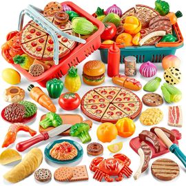 KALANKA-Lot de 80 Jouets Alimentaires à Découper pour la Cuisine des Tout-Petits, Jeu de Rôle de Chef pour Enfants avec Nourriture en Jouet, Panier à Pique-Nique, Idéal pour la Cuisine en Extérieur