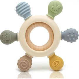 Anneau De Dentition Bébé-En Silicone & Bois,Sans Bpa,Jouet De Dentition & D`Éveil,Facile À Attraper-Bébé 0m+ (Complexion A)