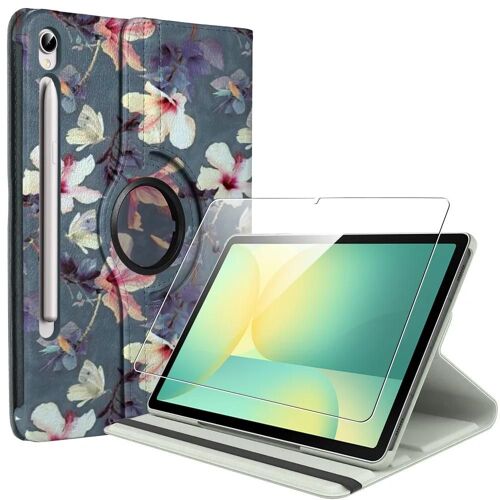 Coque + Verre Trempé pour Samsung Galaxy Tab S9 FE / S10 FE (10,9 Pouces) Protection Rotation 360° - Motif Fleur