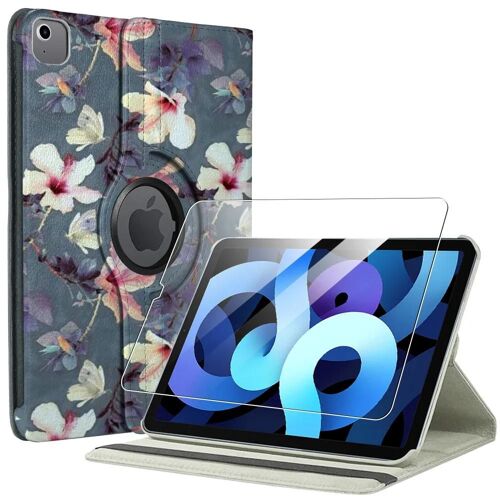 Coque + Verre Trempé Pour Ipad Air 4/5 10,9 Pouces, Protection Antichoc Rotatif 360 - Motif Fleur