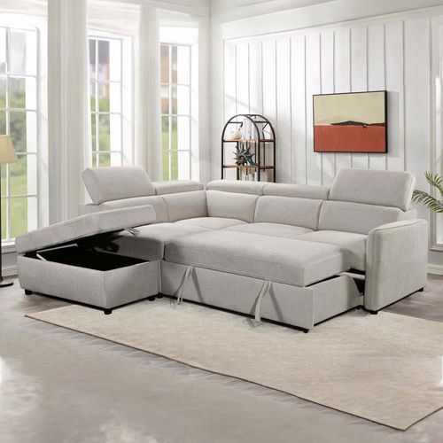 Canapé D'angle Convertible 5 Places En Tissu Beige