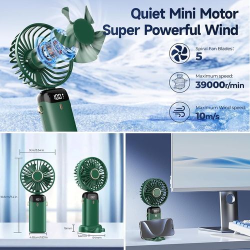Ventilateur Portable 4200mAh USB avec Écran LED 3-en-1 Main/Cou/Bureau Pliable et Inclinable à 90° Idéal pour Été Bureau Chambre Voyage Cadeau Adultes Enfants (Vert)