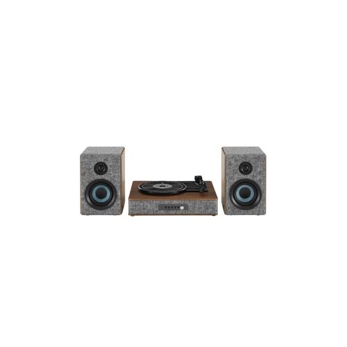 Platine vinyle tissu gris accentué de bois de noyer