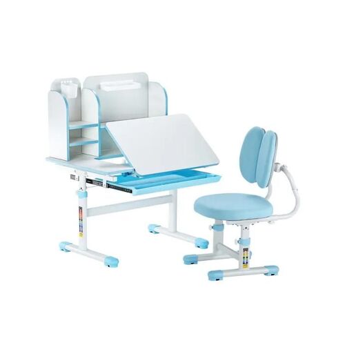 Ensemble Chaise et Bureau pour Enfants-VEVOR-avec Étagère et Tiroir de Rangement-Hauteur Réglable et Inclinés de 0 à 40°-Bleu