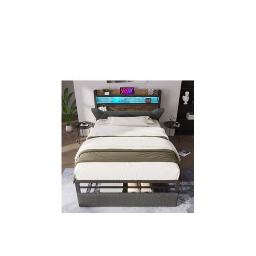 Lit Adulte 90x200cm, Lit 1 Place, Tête De Lit De Rangement, Tiroir, Led, Usb Et Sommier, Lin Gris, Sans Matelas