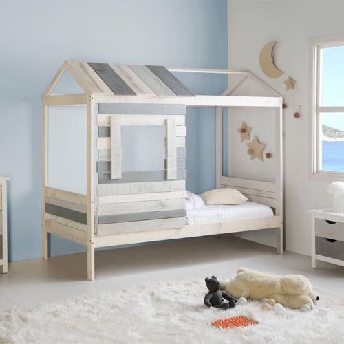 Lit Cabane Enfant Rustique 90x190 Cm En Bois Clair/Gris