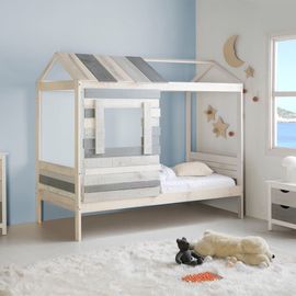 Lit Cabane Enfant Rustique 90x190 Cm En Bois Clair/Gris