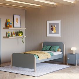 Lit Enfant 90x190 Cm Avec Tête De Lit En Bois Vert Kaki
