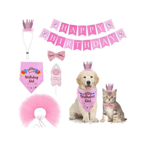 Ensemble De Fournitures De Fête D'anniversaire Pour Chien Rose Avec Bandana, Bannières, Couronne, Noeud Papillon, Jupe Tutu Et Décoration De Gâteau