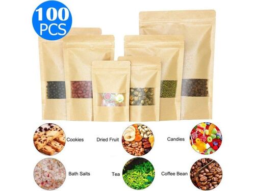Sachets De Conservation Refermables En Papier Kraft Avec Fermeture À Glissière Et Fenêtre - 100 Sachets De Différentes Tailles