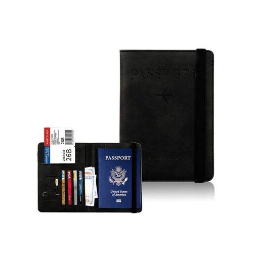 Portefeuille porte-passeport anti-RFID en cuir PU noir avec emplacements pour cartes et billets