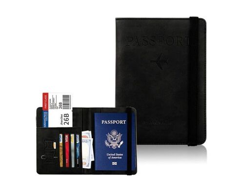 Portefeuille porte-passeport anti-RFID en cuir PU noir avec emplacements pour cartes et billets