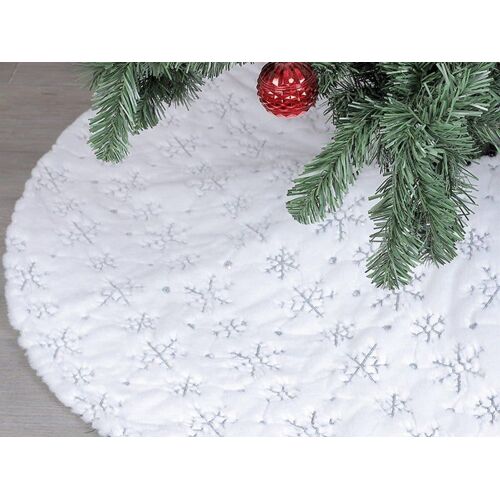Jupe de sapin de Noël à paillettes argentées de 90 cm avec appliques flocons de neige et fausse fourrure
