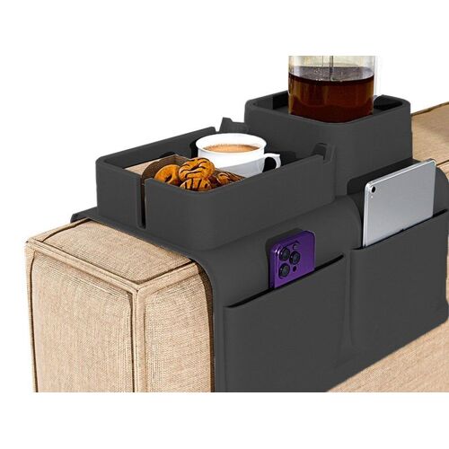 Plateau D'accoudoir De Canapé En Silicone Avec Porte-Gobelet Et Poches Latérales - Noir