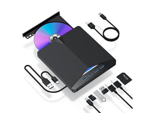 Lecteur CD/DVD externe USB 3.0 avec hub USB et lecteur de cartes pour ordinateurs portables et de bureau