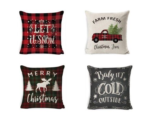 Housse De Coussin Imprimée De Noël 45 Cm X 45 Cm, Modèles 2, 4, 6, 8, Lin, Fermeture Éclair, Lot De 4