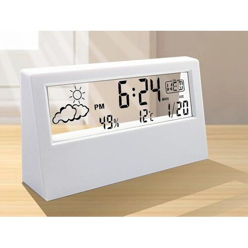 Réveil numérique avec affichage de la température et de l'humidité, fonctionne à piles, horloge de bureau, blanc