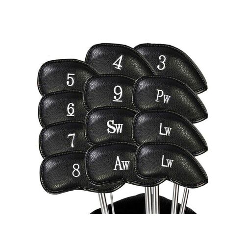 Ensemble De 12 Couvre-Têtes De Club De Golf En Cuir Pu Noir, Compatible Avec La Plupart Des Têtes Métalliques, Avec Housses Pour Tous Les Fers.
