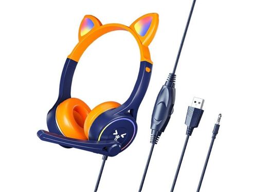 Casque de jeu à oreilles de chat avec lumières LED - Filaire, réglable, orange