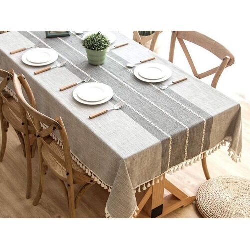 Nappe En Lin Polyester Gris 250 X 140 Cm Avec Bordure À Pompons Pour L'intérieur Et L'extérieur