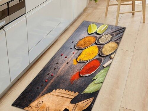 Tapis De Cuisine Antidérapant 90 X 60 Cm, Motif Épices Décoratif, En Polyester Absorbant L'huile, Design Durable