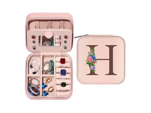 Boîte à bijoux de voyage avec miroir et initiale H - Organisateur et étui de rangement pour bijoux