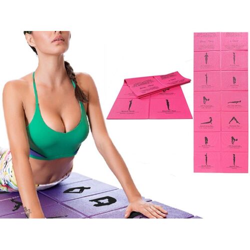 Tapis De Yoga Pliable En Pvc Antidérapant Avec 12 Poses Graphiques - Rose Rouge
