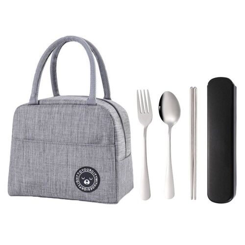 Sac À Lunch Isotherme Avec Couverts En Acier Inoxydable (Fourchette, Cuillère, Baguettes) - Gris - 3 Pièces