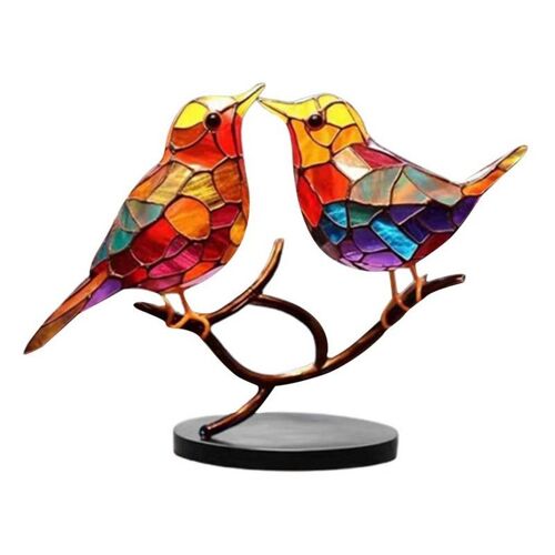 Ornement d'oiseau en métal double face sur branche - Décoration de bureau colorée - Style 2