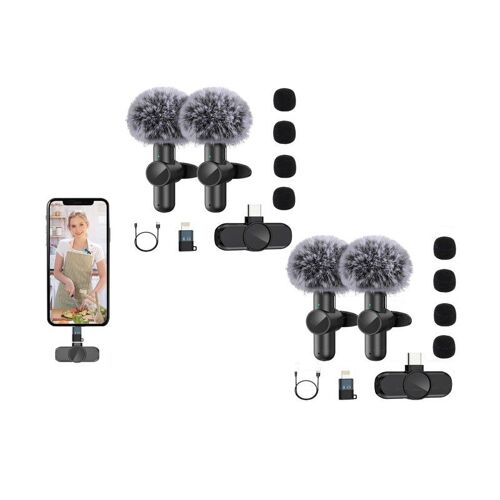 Lot de 4 microphones cravate sans fil avec réduction du bruit pour appareils Apple, plug-and-play, système double canal
