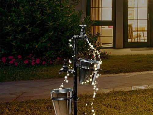 Lampe solaire à LED avec robinet et 2 jardinières sur piquet