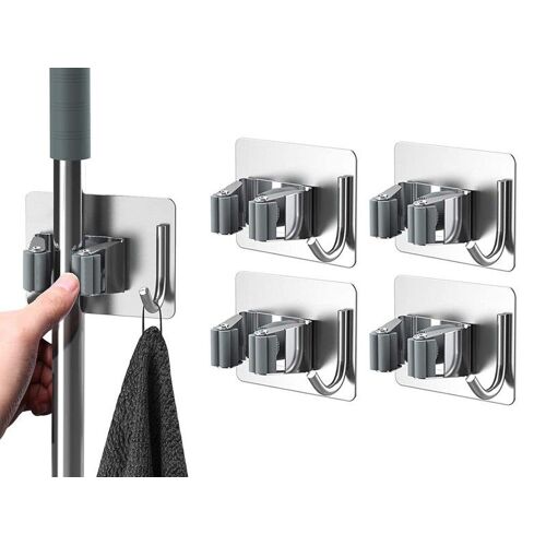 Lot de 4 supports muraux pour balais et serpillères avec crochets, sans perçage, pour serpillères, balais et outils