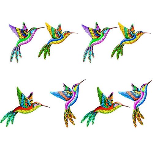 Ensemble de 8 sculptures murales en métal représentant un colibri, pour décoration de jardin extérieur, sculptures en fer, faciles à accrocher, multicolores