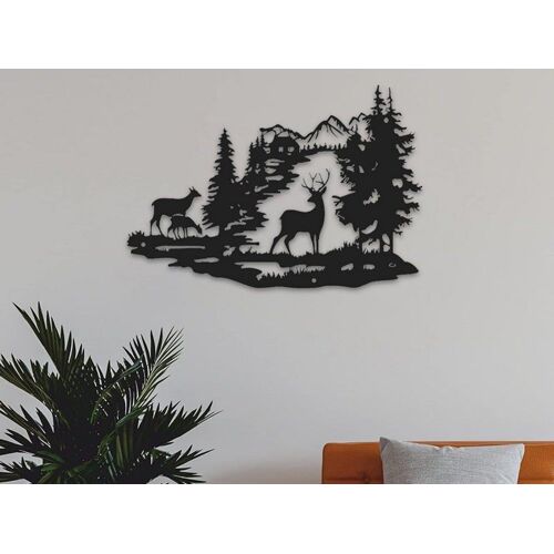 Décoration murale en métal représentant une famille de cerfs ¿ 29 x 20 cm, fer noir, facile à installer