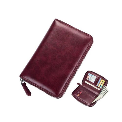 Portefeuille de voyage en cuir véritable avec fermeture éclair, couleur bordeaux