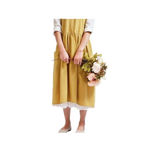 Tablier Croisé En Coton Et Lin Jaune Avec Poches Pour La Cuisine Et Le Jardinage