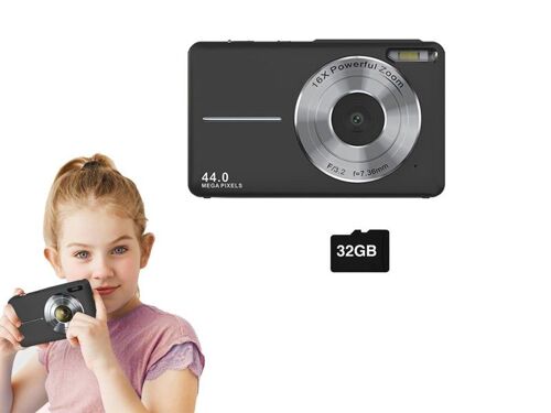 Appareil photo numérique 44 MP, zoom 16x, carte mémoire 32 Go, compact et portable, noir