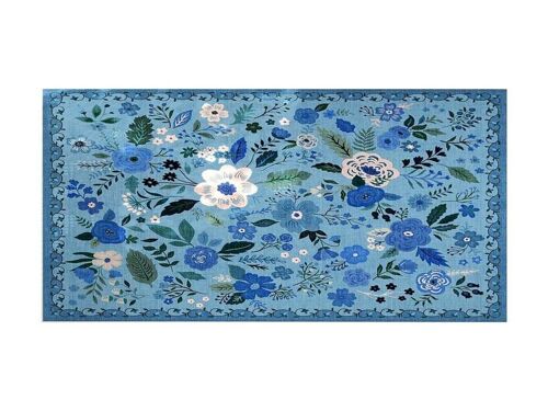 Tapis D'entrée D'intérieur Lavable 60 X 180 Cm, Motif Floral Bleu