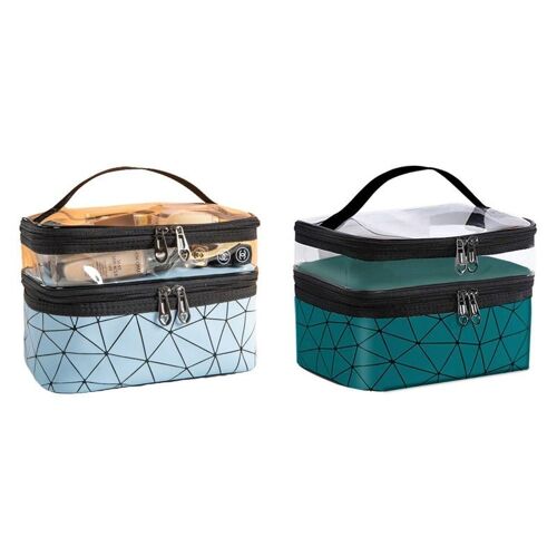 Trousses De Maquillage De Voyage À 2 Couches, Vertes Et Bleues, Pour Le Rangement Des Cosmétiques