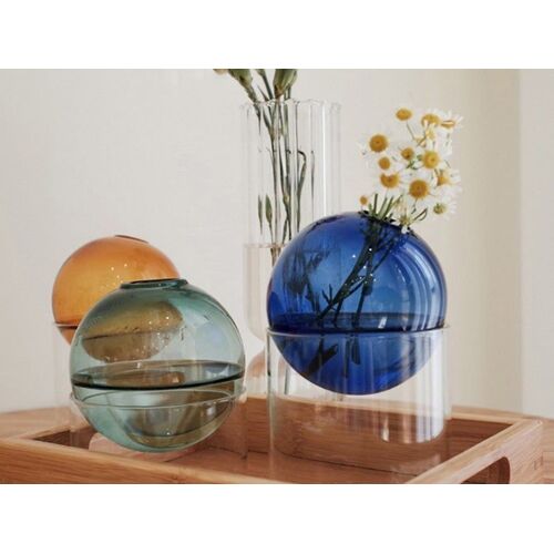 Lot de 2 vases boule en verre ¿ Petits pots de fleurs vert lac et grands pots de fleurs bleus pour la décoration de la maison
