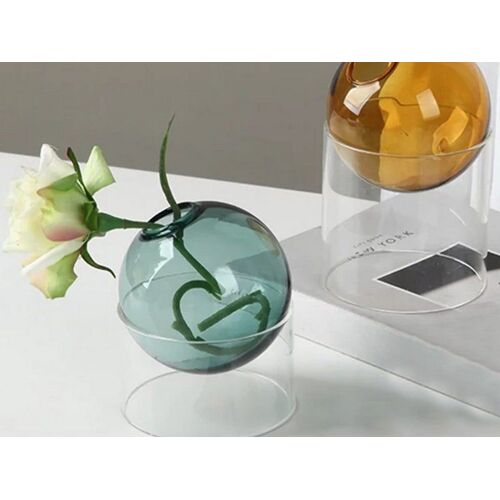 Lot de 2 vases boules en verre ¿ Grand orange et Petit vert lac pour la décoration intérieure