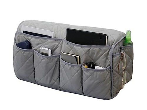 Sac de rangement pour accoudoir de canapé inclinable, gris, 14 poches, polyester, 50 x 15 x 22 cm