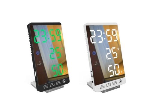 Réveil miroir LED USB avec affichage de la température et de l'humidité, commande tactile et luminosité réglable