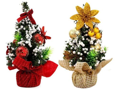 Lot de 2 mini sapins de Noël artificiels de 20 cm, décoration de table rouge et or