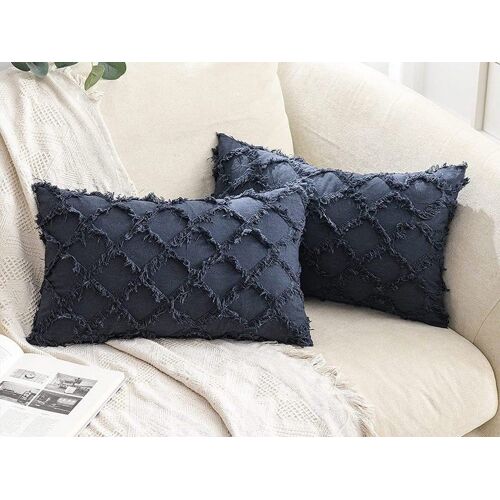 Housses De Taies D'oreiller En Coton Et Lin Bleu Marine - Lot De 2 Pour Canapé, Lit, Voiture, Bureau - Dimensions 45 X 45 Cm Et 30 X 50 Cm