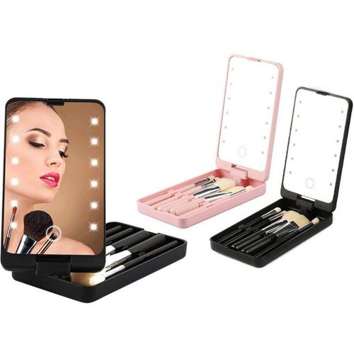 Miroir De Maquillage Led Avec Boîte De Rangement Et 5 Pinceaux De Maquillage - Design Portable Et Réglable 