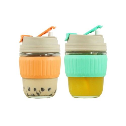 Gobelets En Verre Avec Paille Et Manchon En Silicone (350 Ml) - Lot De 2, Orange Et Vert