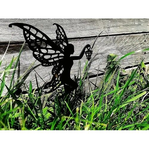Silhouette de fée sur piquet de jardin en métal - Style 2, 30 cm de haut, sculpture d'extérieur en fer noir